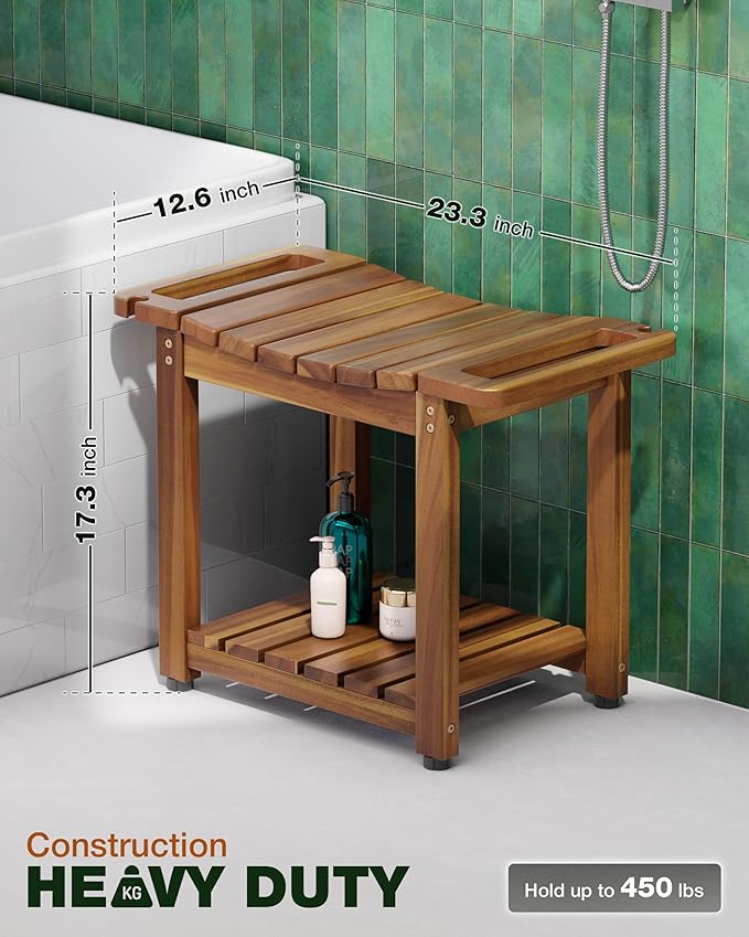 BLUEWEST Shower Bench Seat with Storage Shelf, Natural Wood Shower Benches for Inside Shower to Sit on, Waterproof Bathroom Spa Bench Stool for Legs Shaving with Built-in Handle & Shower Head Holder