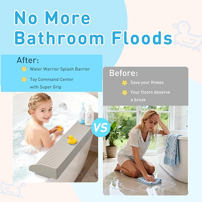 Roslim Bathtub Splash Guard for Kids - Silicone Bath Splash Guard Shelf, Large Bath Toy Tray Holder, Tub Water Splash Guard with Strong Suction Cups, Bathroom Accessories for Baby Bath, Taupe