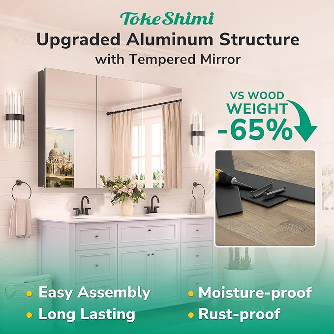 TokeShimi 36 x 24 Recessed Medicine Cabinet Mirror with Storage Black, Aluminum Tempered Wall Medicine Cabinet Mirror Bathroom with Adjustable Metal Shelves Modern