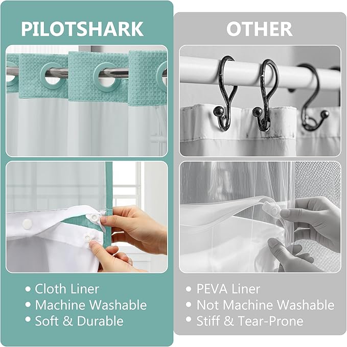 No Hook Waffle Weave Shower Curtain Set with Snap-in Fabric Liner and Mesh Top Window,256GSM Heavy Duty Fabric,Turquoise Washable Luxury Shower Curtain for Bathroom Stalls (72x75 Inch)