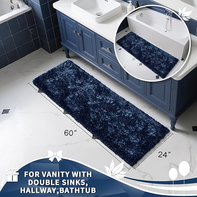 Yimobra Long Bathroom Rugs Runner 60x24 Inch, Extra Thick Soft Absorbent Chenille Bath Mat, Non Slip Machine Washable, Quick Dry Bath Rugs for Bathroom Floor, Tub and Shower, Navy Blue