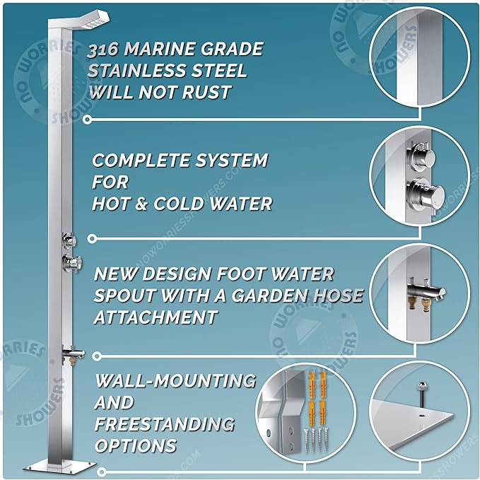 Bondi 316 Marine Grade Stainless Steel Outdoor Shower Panel-No Rust! Perfect for Swimming Pools, Backyards, Beach Houses, Resorts. Hot & Cold Water Connections, Wall Mounted or Freestanding Options.