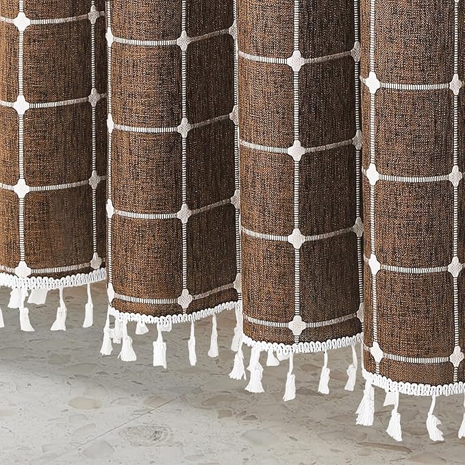 MitoVilla 72 x 84 Brown Boho Extra Long Shower Curtain, Farmhouse 84 inch XL Polyester Linen Texture Tassel Fabric Shower Curtain Set with Hooks for Cottagecore Country Bathroom Decor