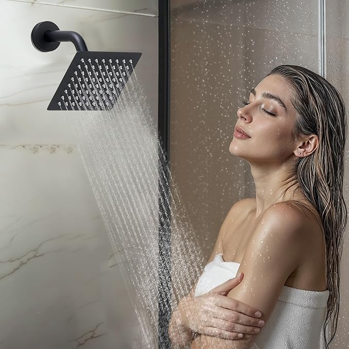 VEVOR Shower Faucet Set, 12 Inch Thermostatic Ceiling Mount Rainfall Shower System with 6 Inch Wall Mount Head and 2 in 1 Handheld Spray, 3-Function Dual Rain Head Brass Valve & Trim Kit, Matte Black