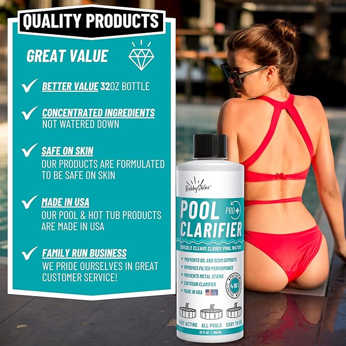 Pool Clarifier - Natural Chitosan Clarifier, Swimming Pool Cleaner Liquid, Cloudy Pool Water Treatment, Pool Chemicals for Inground Pools & Above Ground Pools, 32oz