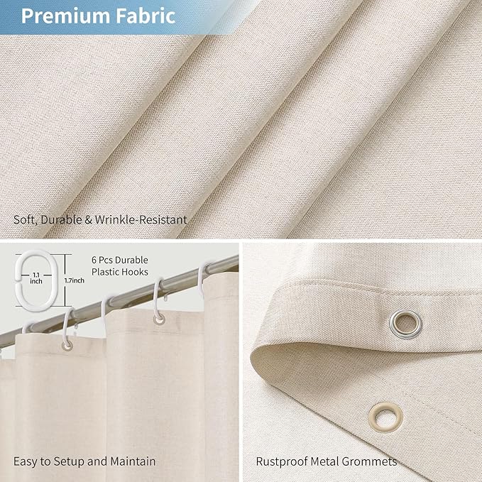 2-in-1 stall Fabric Shower Curtain or Liner,Breathable TPU & Washable,36Wx72H Narrow Linen Textured Bathroom Shower Curtain Set with 6 Plastic Hooks,Modern,36"x72" Cream