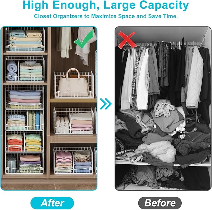 Divided 4-Tier Stackable Closet Organizers and Storage Basket, Foldable Closet Shelf Organizer Systems for Clothing Sweaters, Wardrobe Cupboard, White