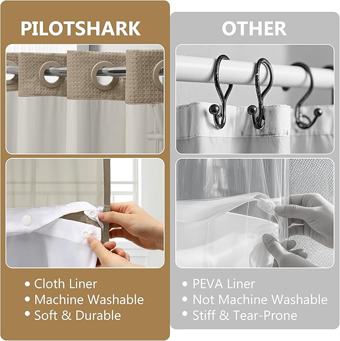 No Hook Waffle Weave Shower Curtain Set with Snap-in Fabric Liner and Mesh Top Window,256GSM Heavy Duty Fabric,Khaki Washable Luxury Shower Curtain for Bathroom Stalls (72x75 Inch)