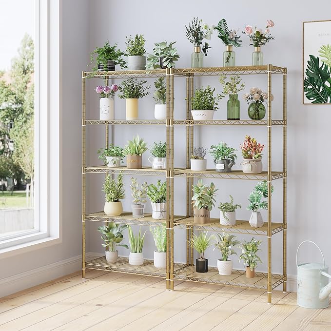 5 Tier Storage Racks Shelving, Heavy Steel Pantry Shelves, Adjustable Wire Shelving Rack, Suitable for Garage, Kitchen, Bathroom, Office, 29" W x 13.4" D x 59" H, Golden