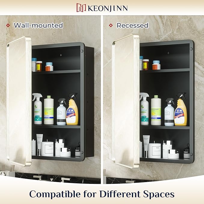 Keonjinn 20 x 26 Inch Brushed Nickel Recessed Medicine Cabinets, Bathroom Mirrored Medicine Cabinet, Brushed Nickel Stainless Steel Framed, Adjustable Shelves, In Wall or Surface Mount, Sturdy, Modern