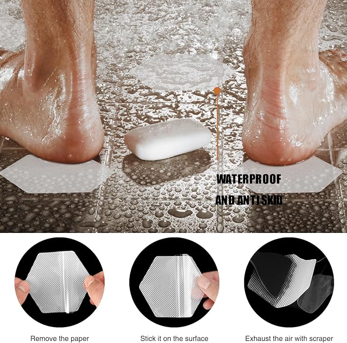 Original 24 PCS Bathtub Stickers Non-Slip, Hexagon Safety Shower Treads Adhesive Appliques with Premium Scraper