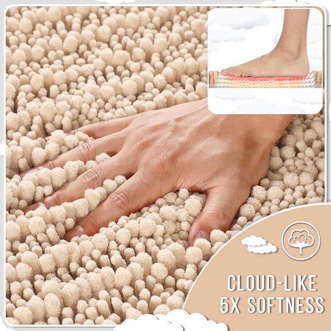 Yimobra Bathroom Rugs Non Slip Washable - Ultra Soft Absorbent Chenille Bath Mat, Quick Dry Shaggy Floor Carpet for Tub Shower, Light Brown Home Decor Accessories, 24x17 Inch