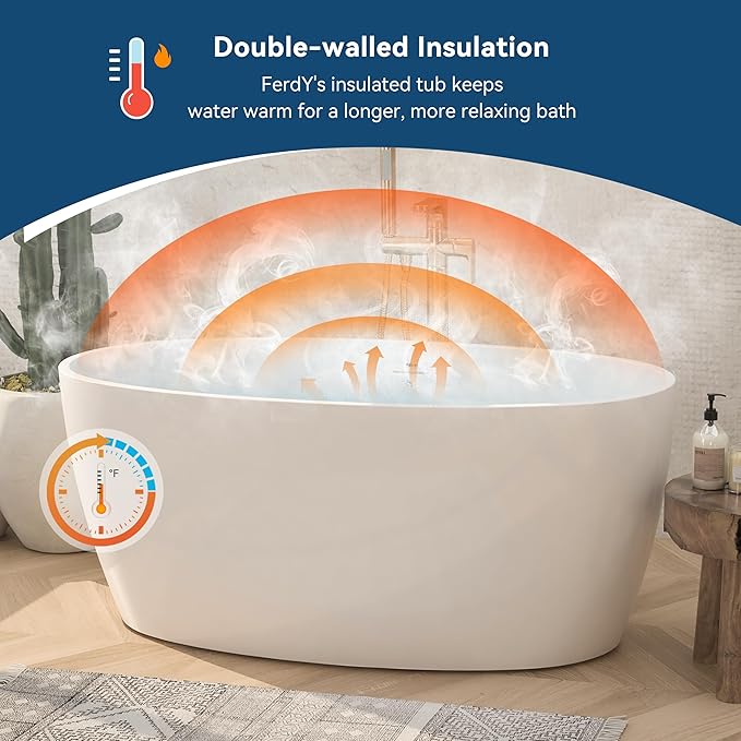 FerdY Tahiti 55" Acrylic Freestanding Bathtub, Elegant Oval Shape Soaking Bathtub, Glossy White, Matte Black Drain & Integrated Slotted Overflow Assembly Included cUPC Certified