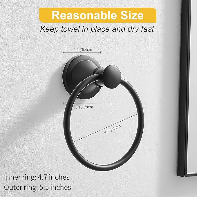 BESy Matte Black Bathroom Hand Towel Ring Towel Holder, Rustproof Wall Mounted Bathroom Hardware Accessory SUS 304 Stainless Steel Towel Rack