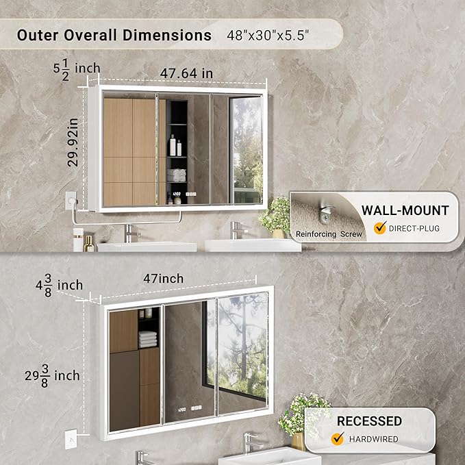48x30 Beveled Lighted Medicine Cabinet with Mirror & Lights, Surface or Recessed Mirrored Medicine Cabinet with Outlet & Clock, Anti-Fog Dimmable LED Storage Cabinet, Built-in Sensor Light