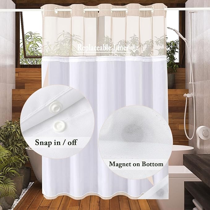 Gibelle No Hook Waffle Weave Shower Curtain with Snap-in Fabric Liner Set for Bathroom, Hotel Style with Mesh Top Window, Waterproof & Washable, Blush Pink, 72x74