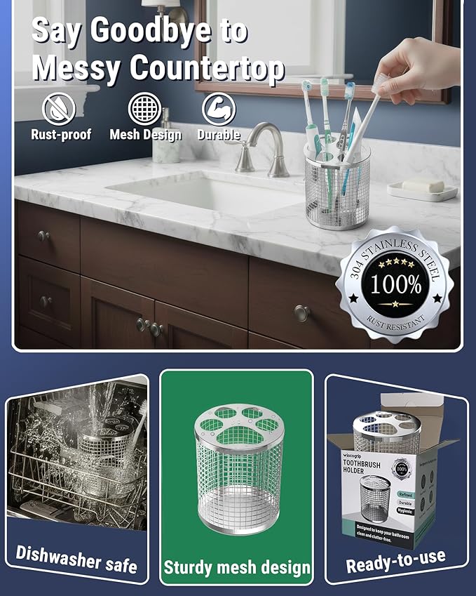 Toothbrush Holder Stand for Bathroom, 304 Stainless Steel Ventilated Organizer for Countertop with Slots for Manual Toothbrushes & Toothpaste, Family Size Tooth Brush Holder