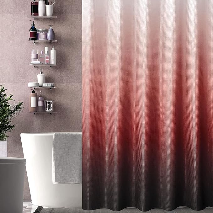 Gibelle Ombre Shower Curtain, Red Black Gradient Fabric Shower Curtain, Waffle Weave Textured Bathroom Curtains Shower Set with Hooks, Water Repellent and Machine Washable, 72 x 72