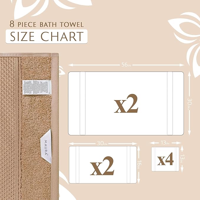 MAURA Biege Bath Towel Set of 8 for Bathroom. Turkish Cotton Luxury Bath Towels. Extra Large, Thick, Plush & Soft. Hotel & Spa Quality - Brown