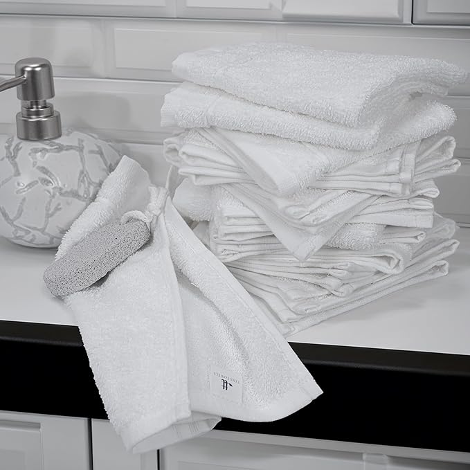 Tens Towels Pack of 60 Washcloths, 12 x 12 Inches, Lighter Weight, Quick to Dry, Super Soft & Absorbent, Gentle Face Towels, Hotel Quality, Perfect for Bathroom, Gym, Spa (White, 60 Pack)
