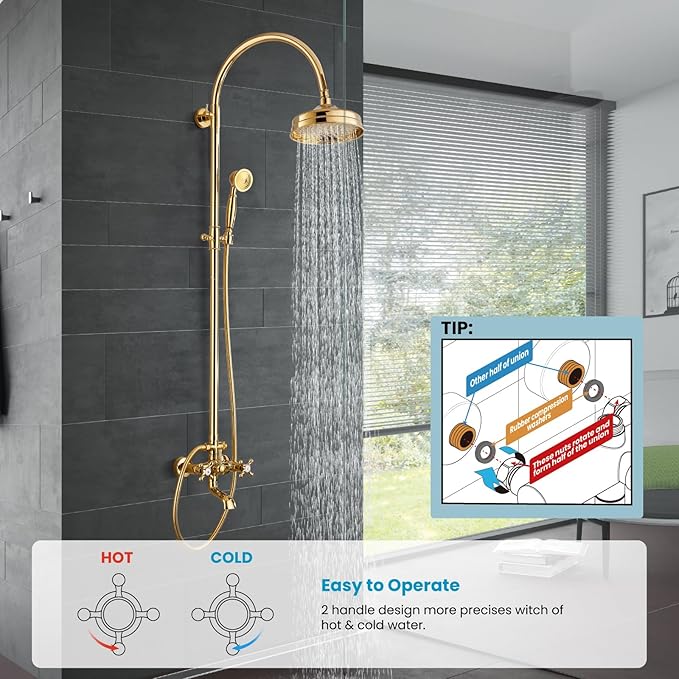 gotonovo Exposed Bathroom Shower System Classic Shower Kit 8 Inch Luxurious Rainfall Shower Head Handheld Spray Tub Filler Brass Pipe 3-Function Wall Mount Double Cross Knobs Polished Gold