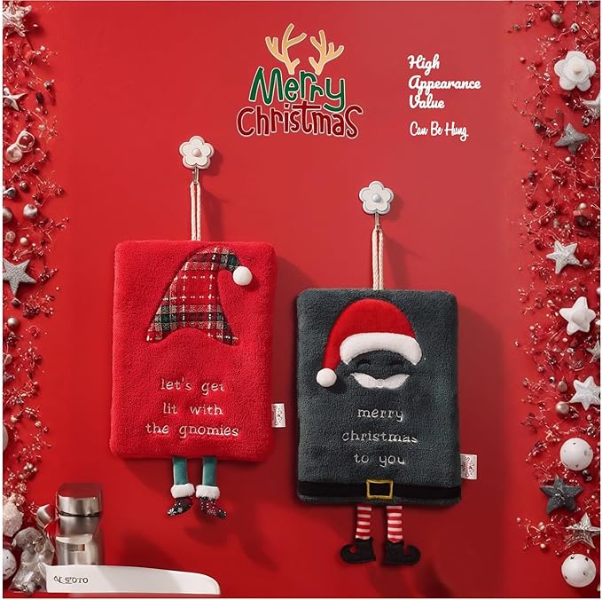 Cesqouc® 4pcs New Hand Towels with Hangable Linen and Christmas Decorative Feet with Christmas Patterns:Santa Claus,Witch Hat,Snowman,Elk for Bathroom/Kitchen/Living Room