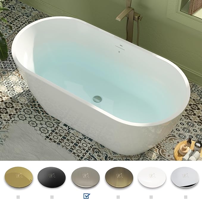 FerdY 59" Bali Elite Acrylic Freestanding Bathtub, Gracefully Shaped Freestanding Soaking Bathtub, cUPC Certified, Toe-Tap Brushed Nickel Drain and Minimalist Linear Design Overflow Included