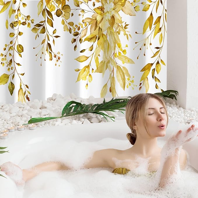 Gibelle Extra Long Shower Curtain 72 x 84, Yellow Floral Shower Curtain for Bathroom, Watercolor Plant Eucalyptus Leaves Fabric Shower Curtain Set