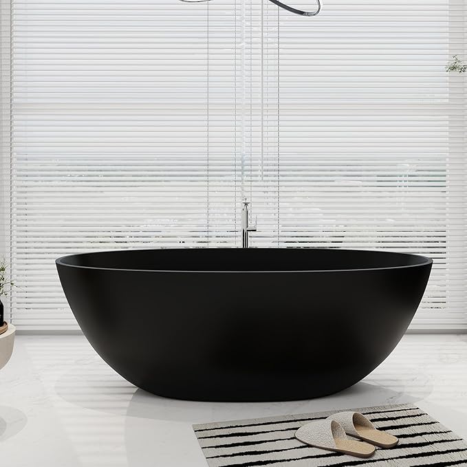 SJ STAR&JANE 65" Solid Surface Freestanding Bathtub, Oval Soaking Stone Resin Tub Stand Alone Tub with Overflow and Pop-up Drain for Bathroom Matte Black