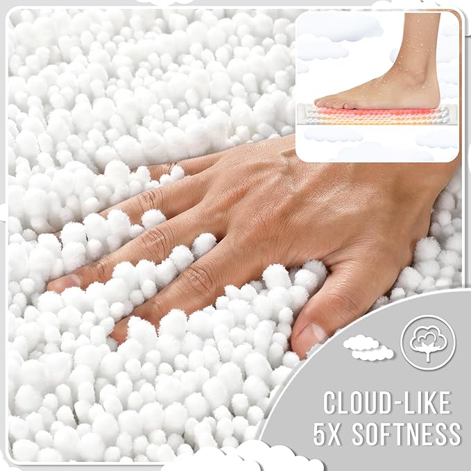 Yimobra Bathroom Rugs Sets 2 Piece - Quick Dry Extra Thick Luxury Chenille Bath Mat, Non Slip Super Absorbent for Tub Shower Sink, Machine Washable Shaggy Floor Mat, 44"x24"+24"x17" Inch, White
