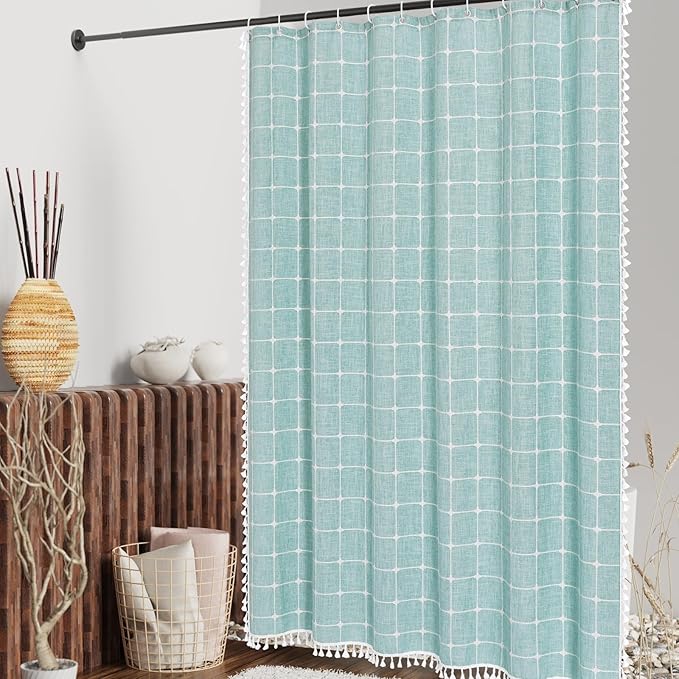 MitoVilla Teal Blue 36 x 72 Boho Small Stall Shower Curtain, Turquoise Narrow Polyester Linen Fabric Shower Curtains for Farmhouse Bathroom Decor, Half Size Cloth Shower Curtain Set with Hooks