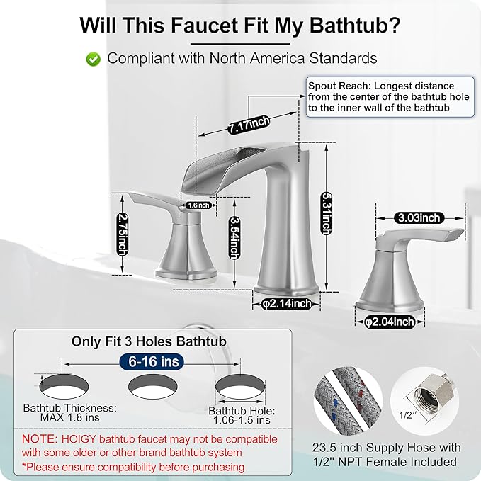 3 Hole Roman Tub Faucet Waterfall Brass Brushed Nickel Bathtub Faucet Set, High Flow 6-16 Inch Deck Mount Faucet for Bathtub, 2 Handle Bath Tub Faucets with Supply Water Hoses for Classic