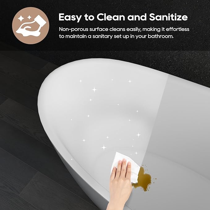 SJ STAR&JANE 65" Solid Surface Freestanding Bathtub Stone Resin Tub Oval Double Slippers Stand Alone Soaking Tub with Pop-up Drain and Overflow, Matte White
