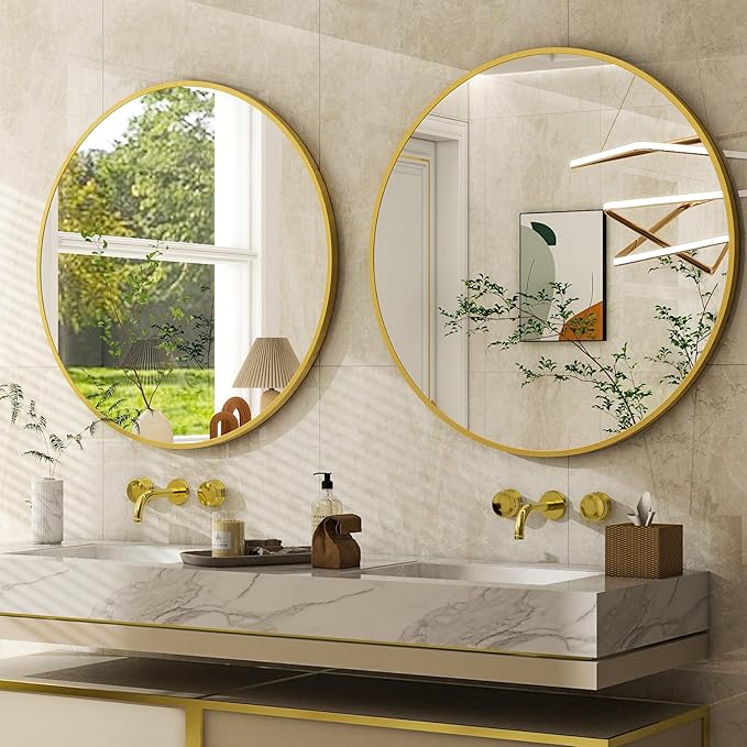 24 Inch Round Bathroom Mirror - Gold Wall Mounted Circle Mirror with Metal Frame, Modern Round Hanging Mirror Suitable for Bathroom, Vanity, Entryway, Living Room