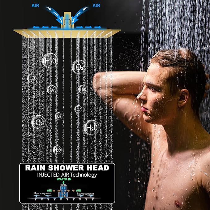 Shower Faucet Set Brushed Gold Shower System with 12 inch and 8 inch Wall Mounted Shower Head, Digital Temperature Display Push Button Shower Fixtures with Handheld Shower