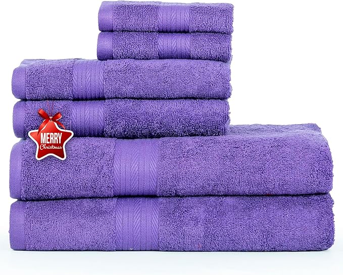 Ample Decor 100% Cotton Luxury 6 Piece Towels Set, 2 Bath Towels, 2 Hand Towels, 2 Wash Cloths for Bathroom - Purple Towel Sets