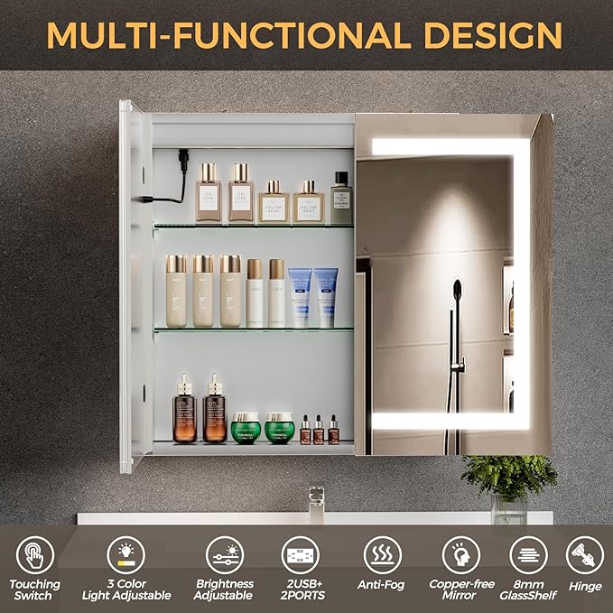 New LED Bathroom Mirror 24 * 36 Stepless Dimmable Wall Mirrors with Anti-Fog, Shatter-Proof, Memory, 3 Colors, Memory Function, Water Proof, Decor Vanity Mirror
