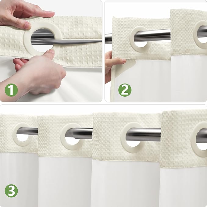 No Hook Waffle Weave Shower Curtain Set with Snap-in Fabric Liner and Mesh Top Window,256GSM Heavy Duty Fabric,Cream Washable Luxury Shower Curtain for Bathroom Stalls (72x75 Inch)