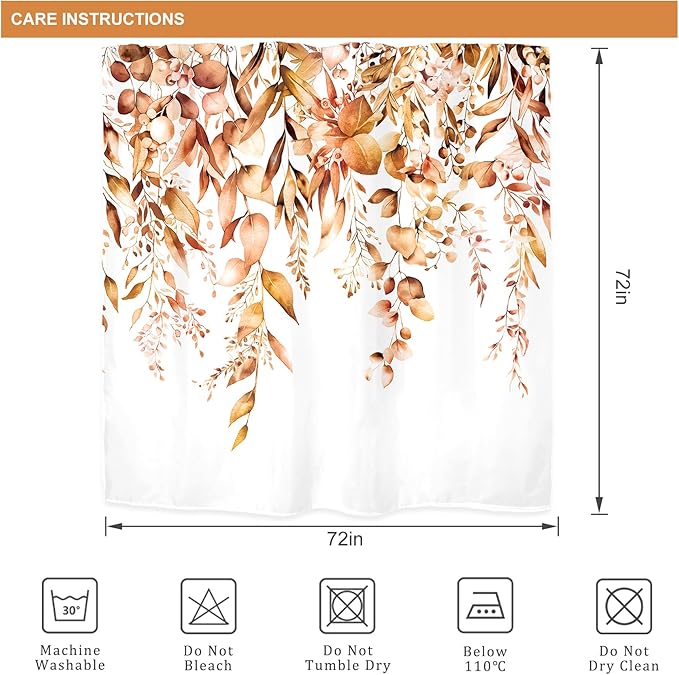 Riyidecor Burnt Orange Fall Autumn Shower Curtain for Bathroom Decor 72Wx72H Eucalyptus Botanical Leaf Plants Watercolor Floral Nature Art Printed Fabric Polyester Waterproof
