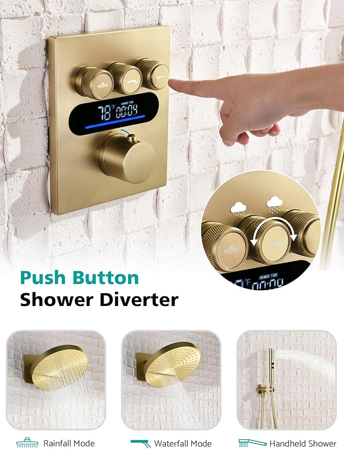 Lefton Shower System in Fahrenheit Display (Battery-free), 13” Overhead Round Rainfall Shower Head with All-in-one Handheld Spray Showerhead, 4-in-1 Control System, SSWM2501 (Brushed Gold)