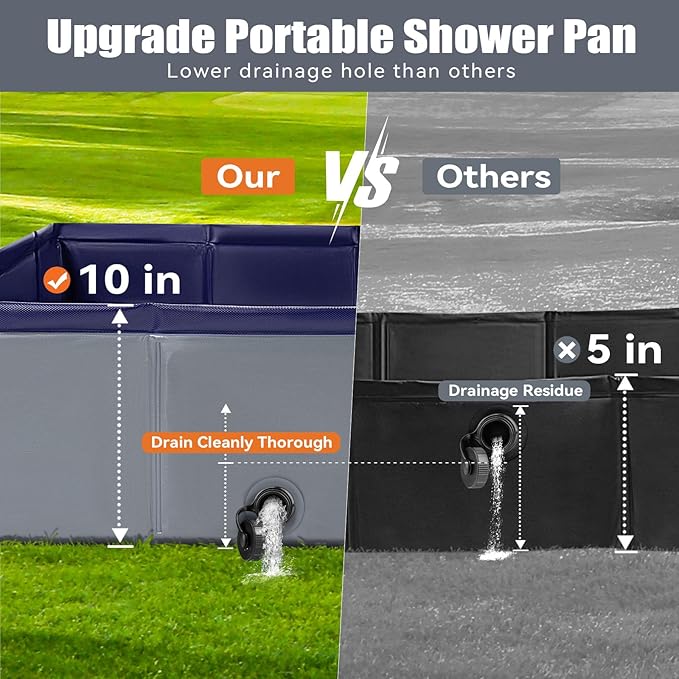 Upgraded Portable Shower Pan, 41" x 41" x 10" Outdoor Shower Base with Detachable Drain Pipe, Foldable Camping Shower Base for Beach, RV, and Indoor