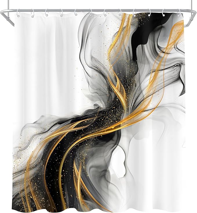 Cinbloo Black and Gold Marble 72Wx72H Shower Curtain Abstract Ink Texture Modern Ombre Grey Golden Minimalist Elegant Luxury Aesthetic Bathroom Curtain Set Neutral Bath Bathroom Accessories Decor