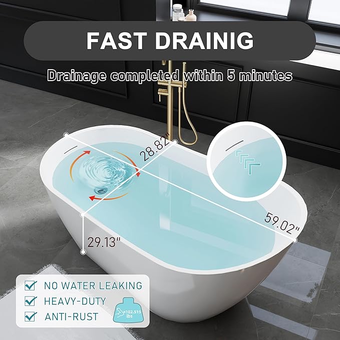 59" High-back Acrylic Freestanding Bathtubs, Stand Alone Tub, Soaking Tubs for Bathroom, Integrated Overflow and Drain, cUPC Certified, Gloss White