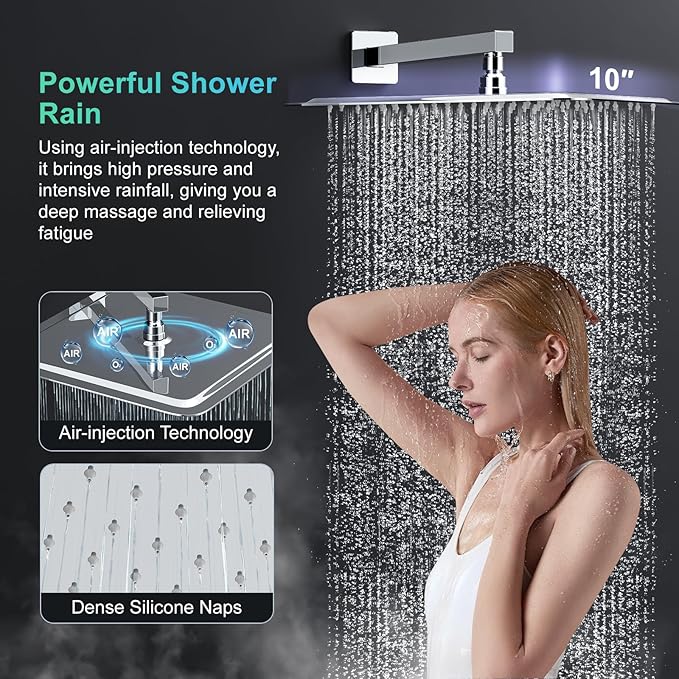 SR SUN RISE 10 Inch Square Shower Faucet, Adjustable 16-Inch Slide Bar Hand Held Shower with Hose, Square Rain Shower Head and Handheld Spray Included Valve and Shower Trim Kit, Polished Chrome
