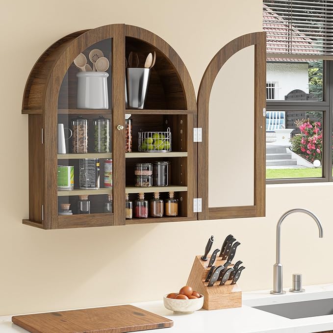 HOACT Arch Bathroom Wall Cabinet with Glass Door, 23.6" Medicine Cabinet with Adjustable Shelves, Natural Above Toilet Storage Cabinet for Kitchen, Laundry Room, Bedroom, Walnut