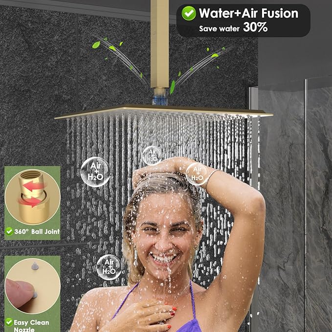 ENGA Dual Shower Head System with Tub Spout, Ceiling Mount 12 Inch Shower Head with 6 Inch Wall Mount Shower Head Shower Faucet Set, Brushed Gold