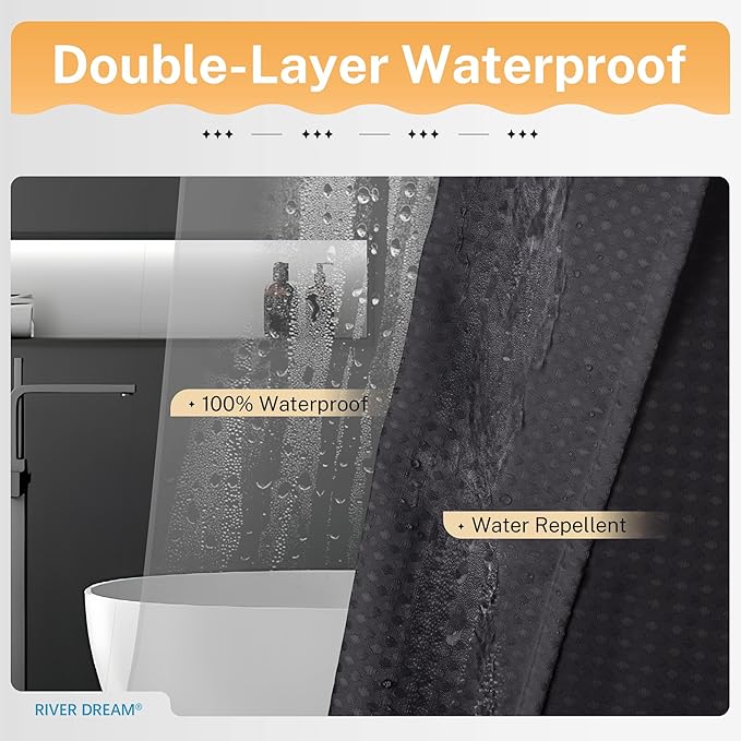 River Dream 3 in 1 Shower Curtain Set, Waffle Fabric Shower Curtain and Waterproof Clear Liner Set with Double Sided Metal Hooks, Black, 72" W*78" H