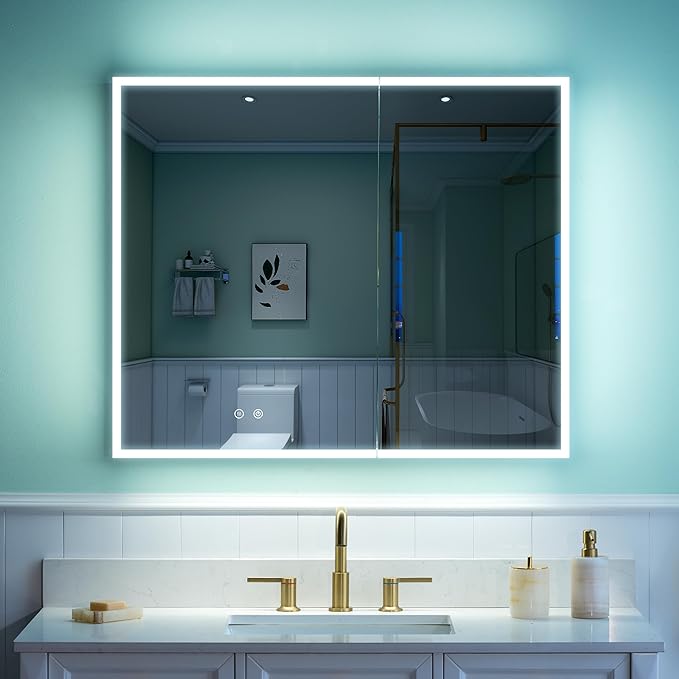 WELLFOR 36" X 30" Medicine Cabinet with Lights, 3X Magnification, Anti-Fog Mirrored Cabinet, Double Doors with Mirror, Bathroom Vanity Medicine Cabinet with Outlets & USB Ports
