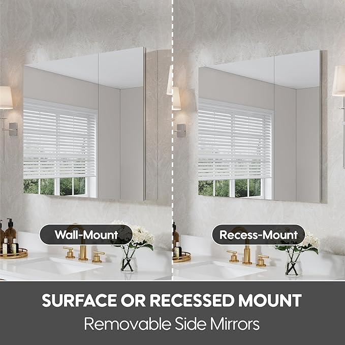 WELLFOR 36" x 30" Rectangle Medicine Cabinet Mirror, Surface Mount or Recessed Medicine Cabinet with Tempered Mirror, Anodized Chrome Aluminum Frame, Bathroom Mirror with Storage
