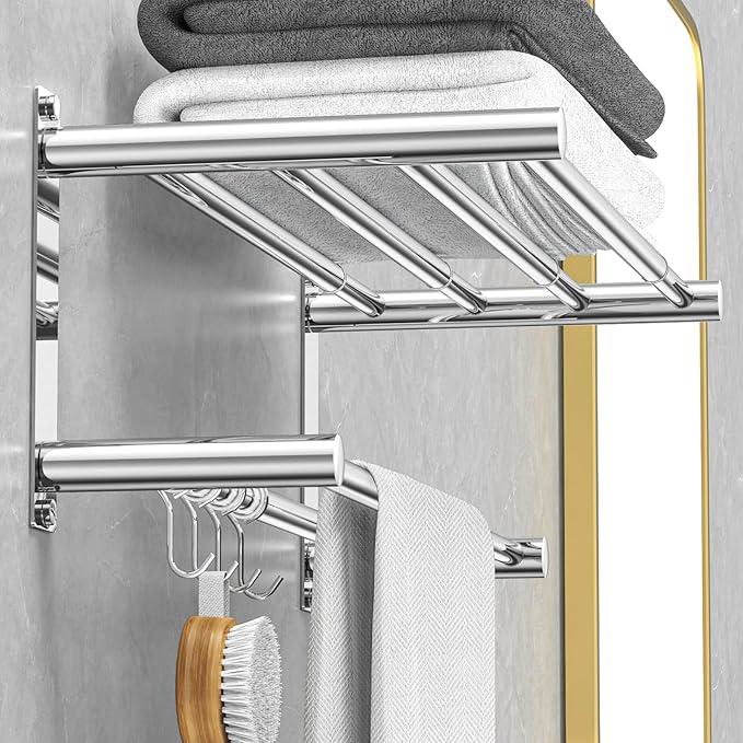 Adjustable Towel Bar for Bathroom Wall Mount17-30.7inch Adhesive Shower Towel Rack Stainless Steel Bath Towel Holders for Toilet Kitchen Double Towel Hanger (Mobile Hook Towel Rack)